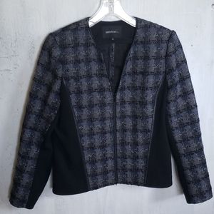 Lafayette 148 tweed textured full zip blue  black and metallic threads jacket 14